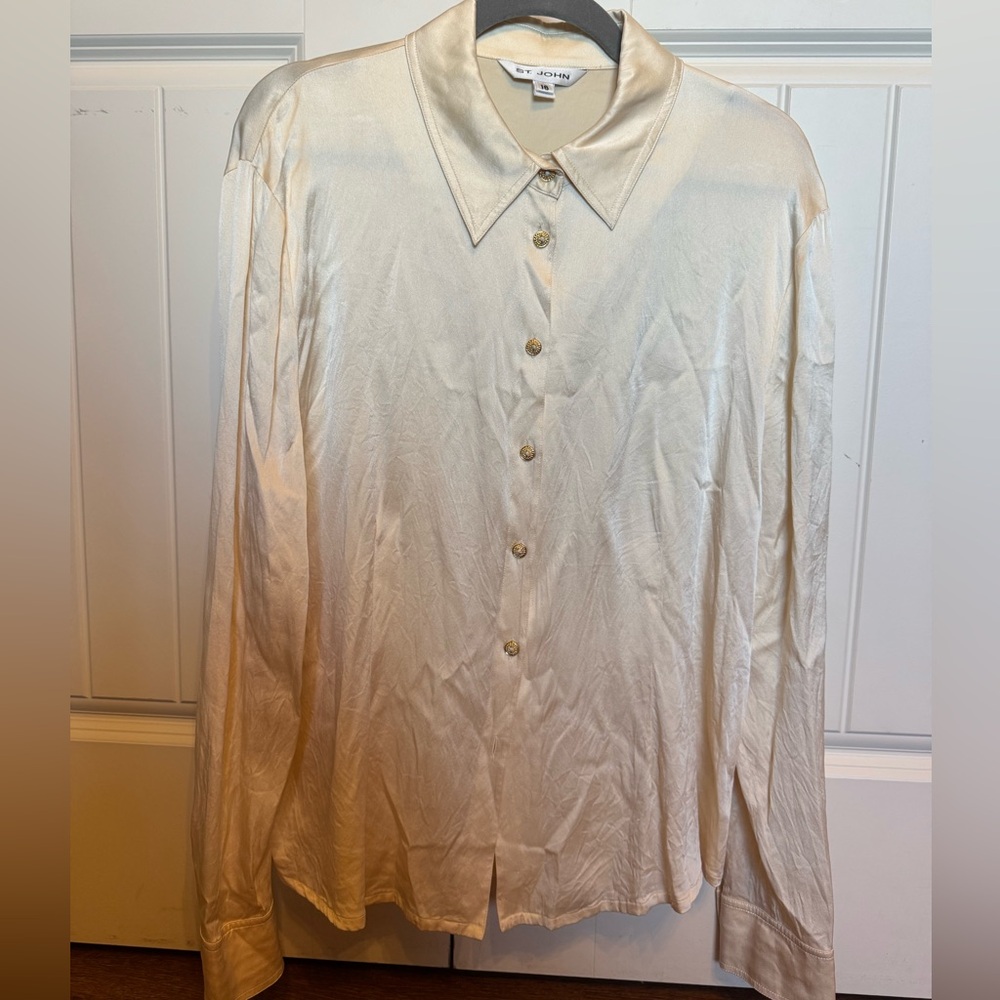 St. John Vintage Ivory Satin Blouse Gold Buttons 80s